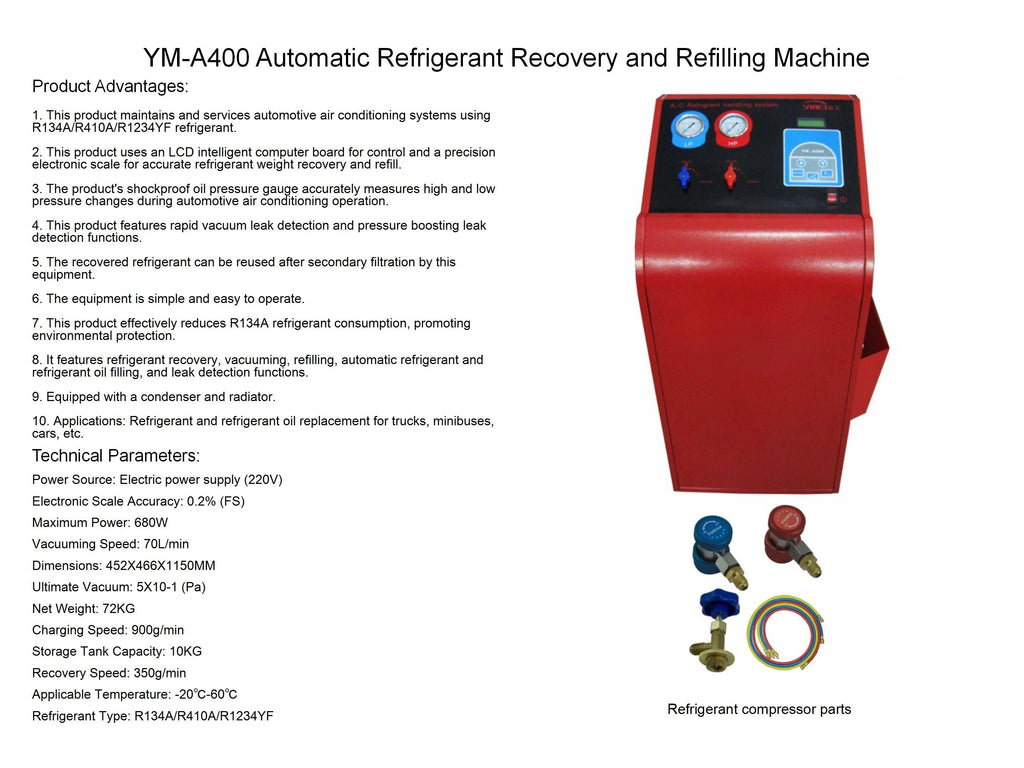 YM-A400 Automatic Refrigerant Recovery & Recharging Machine for Automotive A/C Service