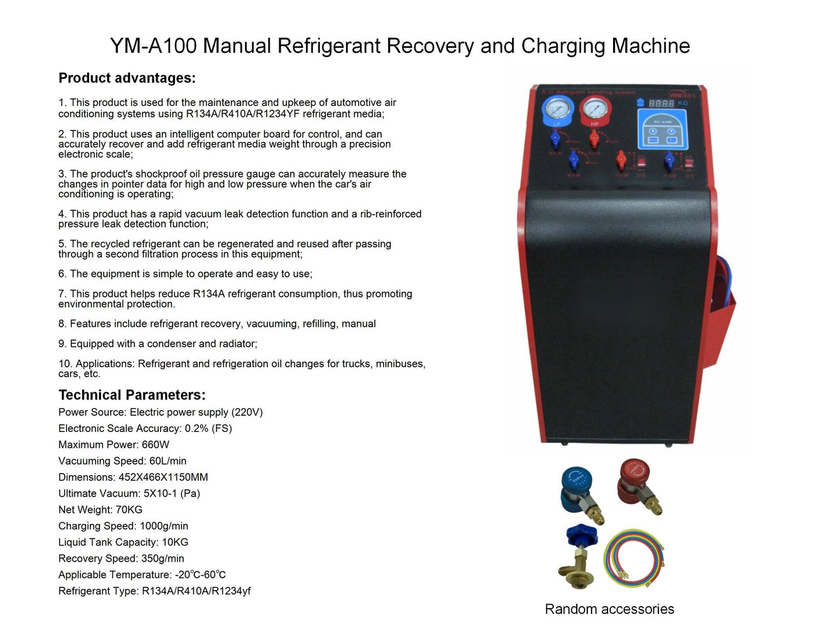 YM-A100 R134a Refrigerant Recovery & Charging Machine for Automotive A/C Service